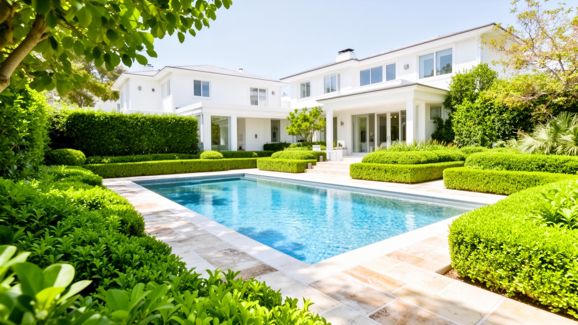 Luxury stone patio and pool at golden hour